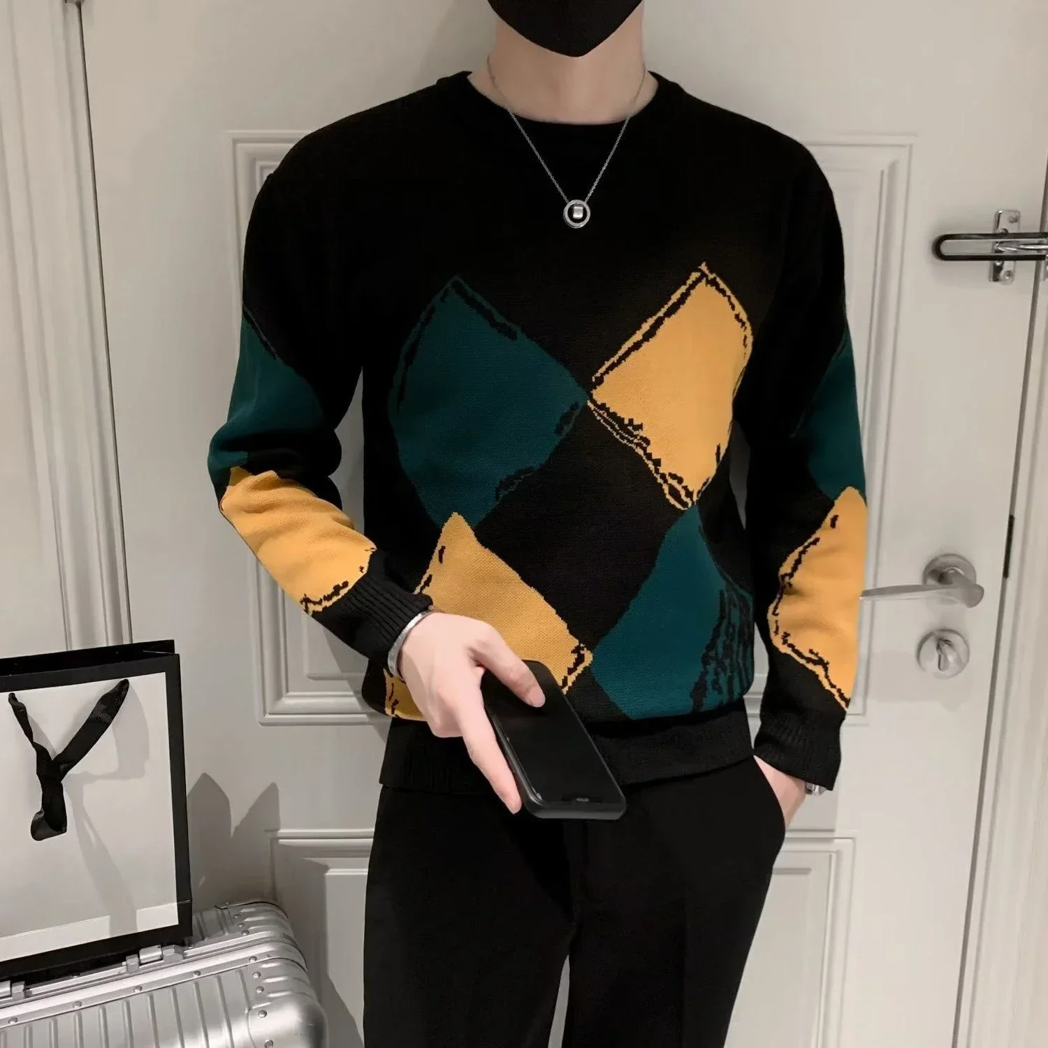 

Plaid Round Collar Graphic Men's Clothing Crewneck Argyle Knit Sweater Male Pullovers Warm Over Fit Pull Oversize 90s Vintage A