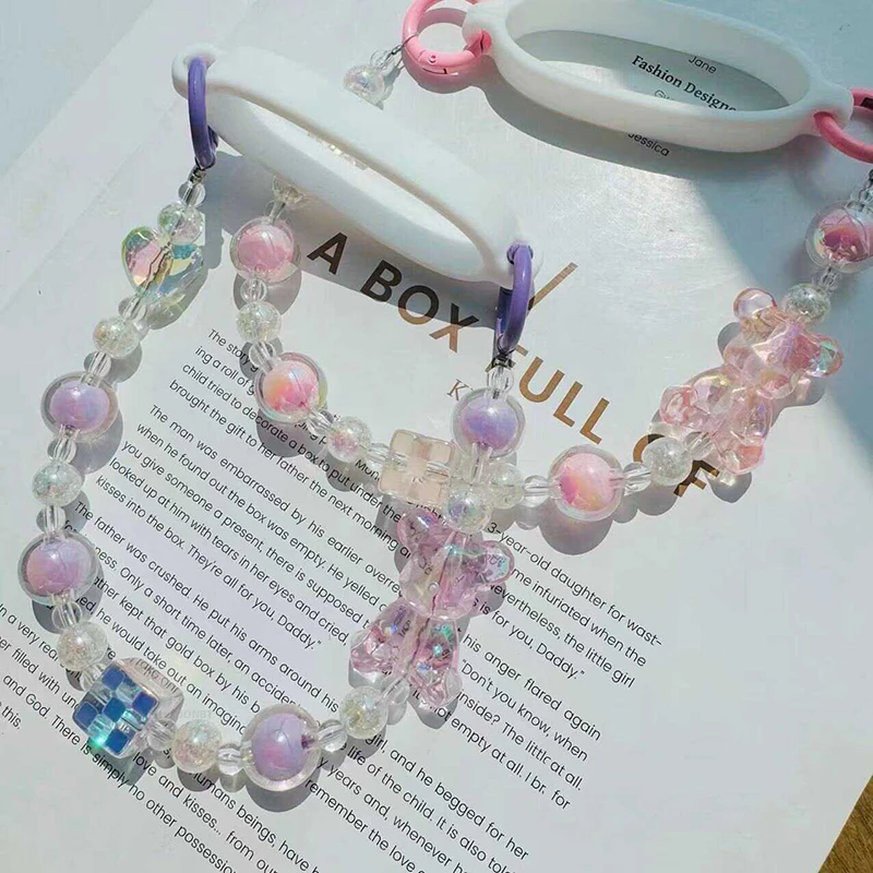 Cute Water Bottle Handle Strap For Stanley Straw Cup 30&40oz Tumbler Accessorie Colored Crystal Pearl Bear Portable Sling Holder