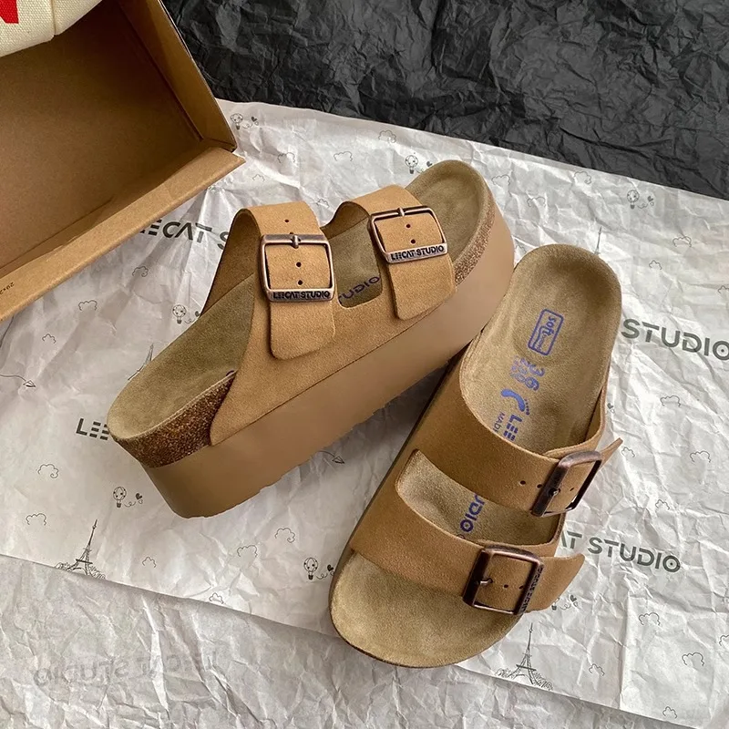 2024 Summer Women's Thick Sole Genuine Leather Buckle Slides Birken Style Beach Outdoor Wear Slipper Casual Walking Shoes