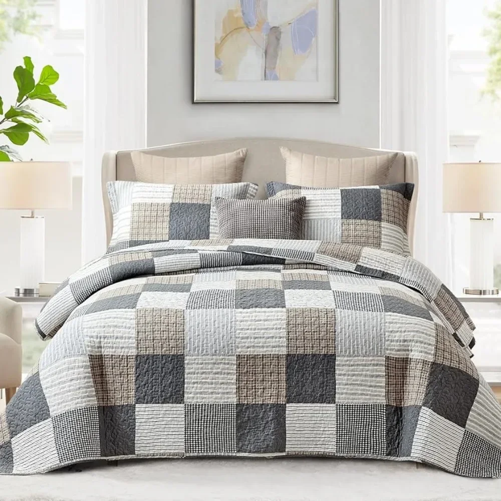 

Quilt King Size 100%Cotton Plaid King Comforter Set Bedding,Reversible Lightweight Soft,Quilted Coverlet All-Season,3-Piece