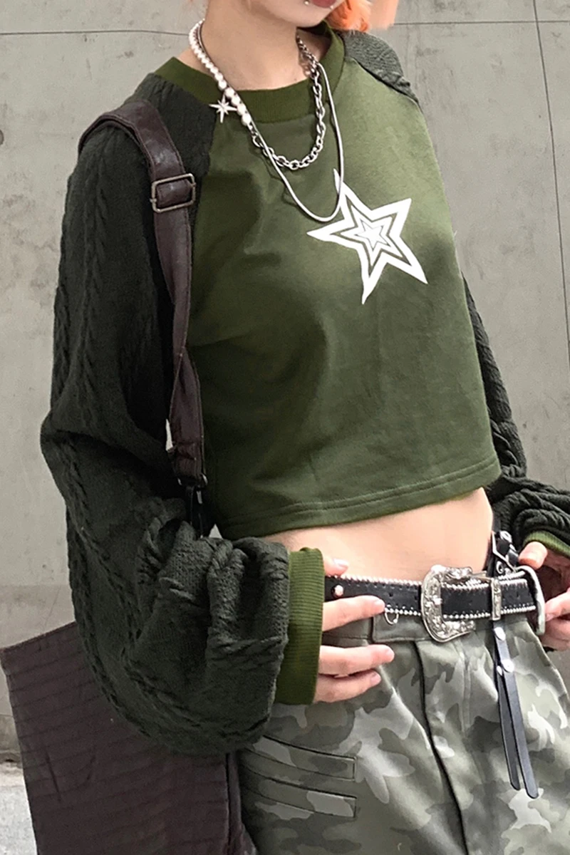 

New Fashion Womens Spring Autumn Casual Pullover Green Long Sleeve Star Print Short Sweatshirt Club Street Style Green S M L