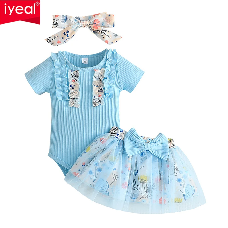 

IYEAL Newborn Toddler Baby Girls Fashion Clothes Sets Flower Print Long Sleeve Romper Tops+ Tutu Skirt +Headband 3pcs Outfit Set