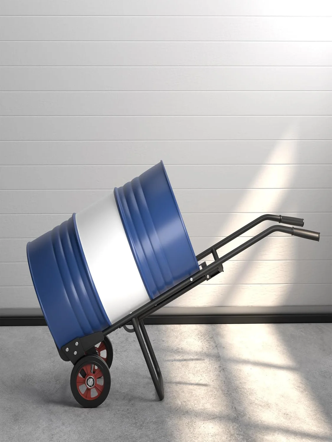 Metal trolley with 2 rubber wheels and EVA handle for mounting oil drums