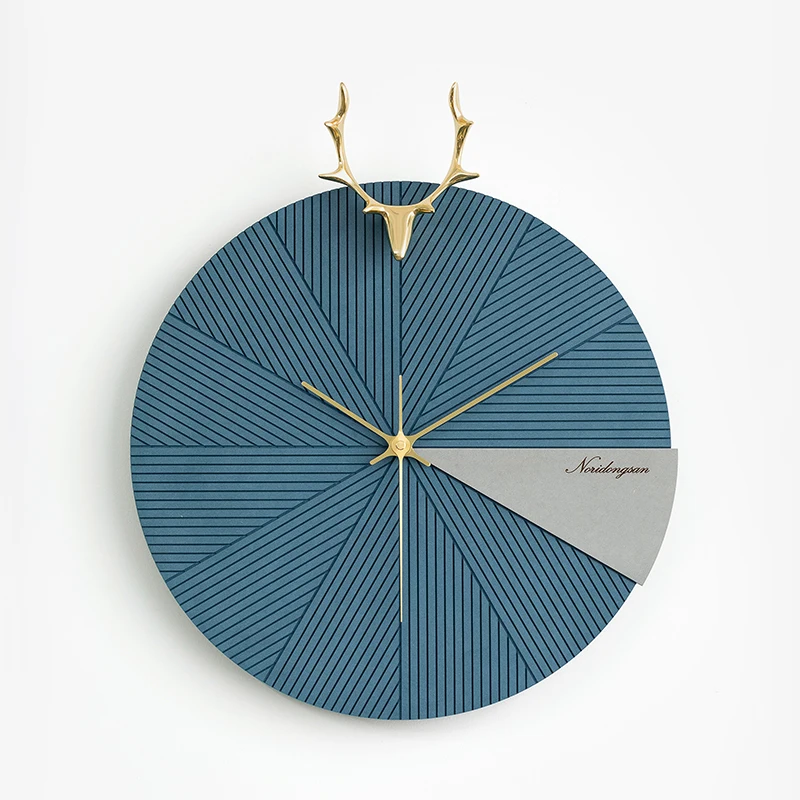 Deer Head Wall Clock Wood Large Gold Blue (40X47CM)  