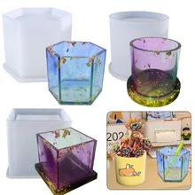 

Crystal Resin Mould Glue Diy Mirror Pen Holder Silicone Mold Square Coaster Round Hexagonal Succulent Potted Flower Pot Molds