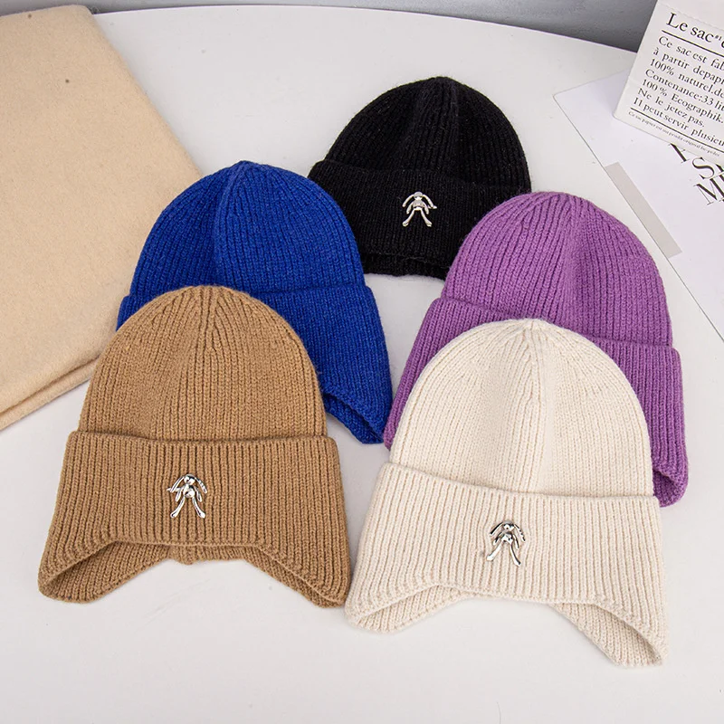 

Облегающие шапки для женщин, зимние кашемировые вязаные плотные теплые шапки, шапка, женские портативные уличные Лыжные шапки с ушами, однотонная шапка для пар