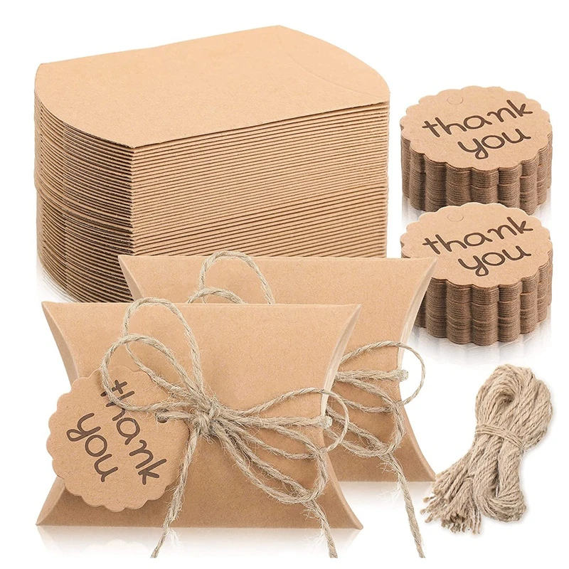 Kit de cajas de almohada de papel Kraft, caja de dulces, recuerdo de boda  con etiqueta de agradecimiento y cuerdas para boda, Baby Shower, 150  piezas|Envoltorios y bolsas de regalo| - AliExpress