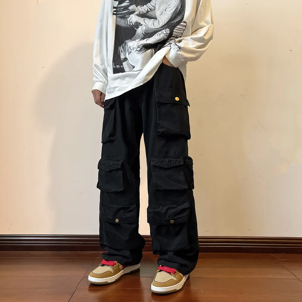 2023 Men Cargo Pants Multi-Pockets Tool Pants Harajuku Mens Vintage Loose Wide Leg Pants Streetwear Casual Hip-Hop Trousers 4