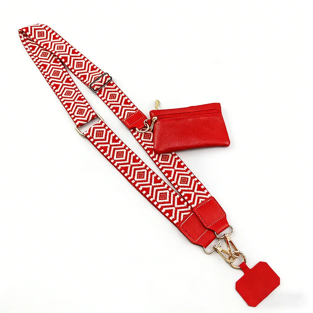 Versatile Geometric Pattern Phone Lanyard with Zippered Coin Purse and Crossbody Shoulder Strap