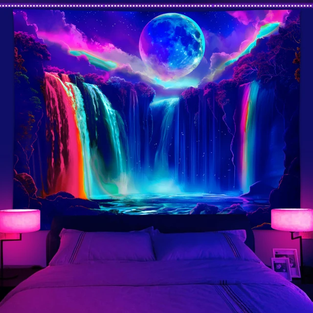 Tapisserie colorée à réponse UV, cascade, lune, ciel nocturne, paysage naturel, lumière noire, décoration de la maison, 1 pièce 1