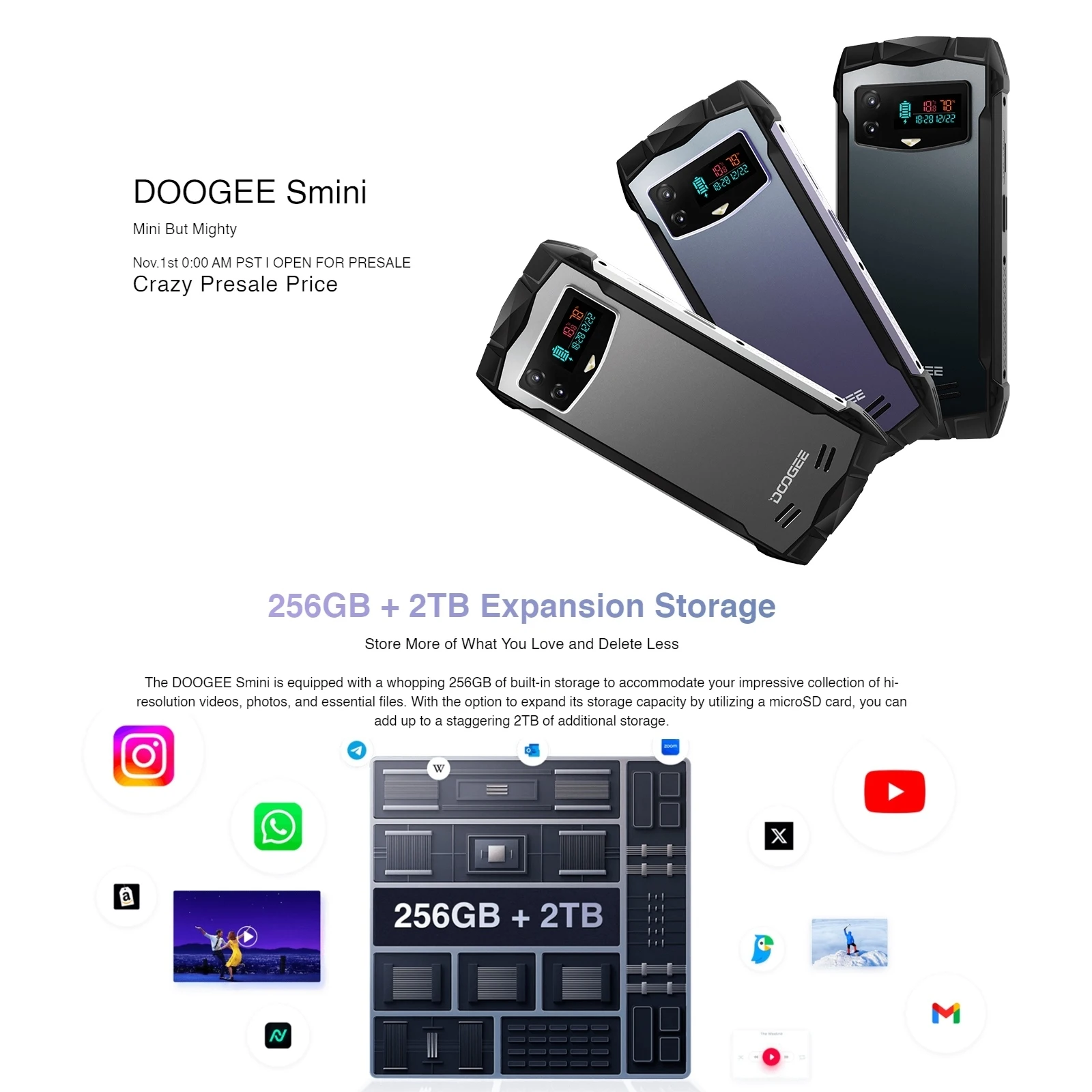 Doogee-smini頑丈なスマートフォン、8GB 256GB、4.5インチqhd 