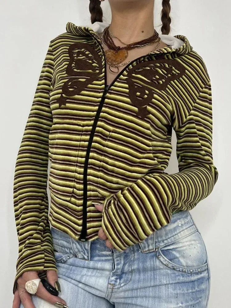 

Y2k Aesthetic Stripe Butterfly Cardigan 2023 Women Streetwear Zipper Tops Casual Loose Hooded Knitted Sweater Coats Sexy Jacket