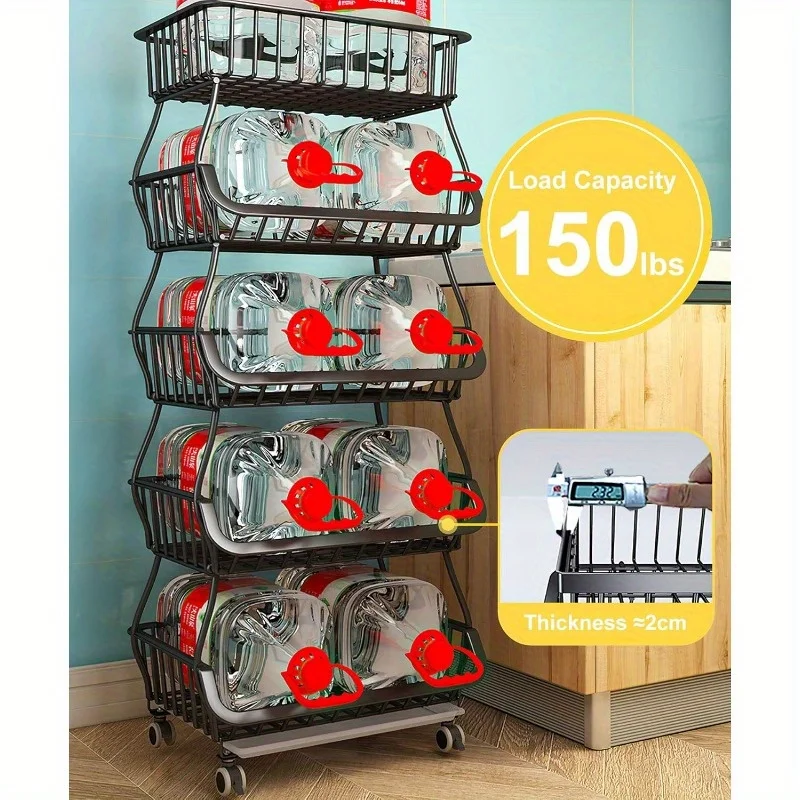 Fruit Vegetable Storage Basket 5 Tier Stackable Fruit Storage Rolling Cart Metal Wire Vegetable Baskets Bins Rack with W 5