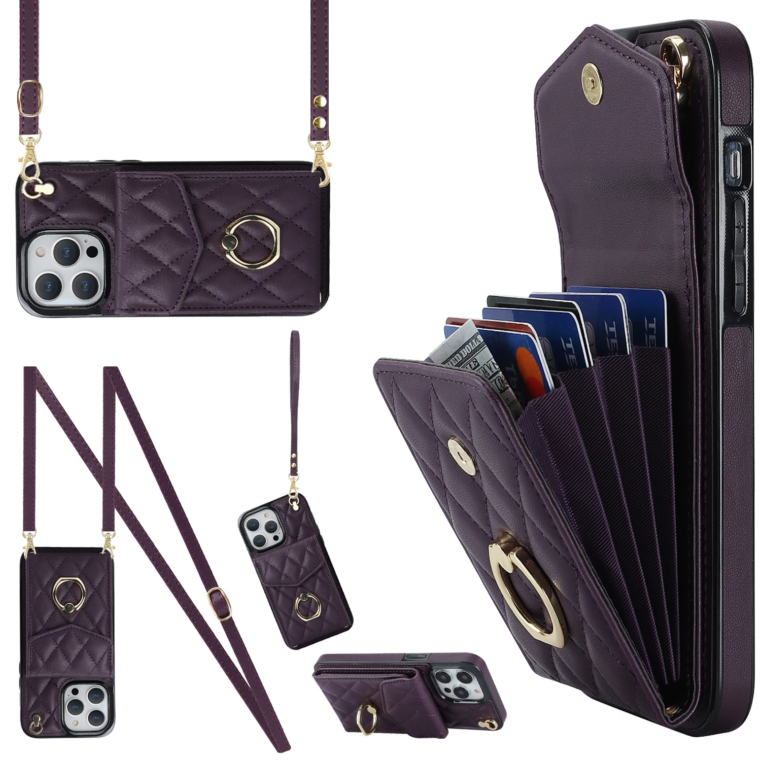 thumbnail image 1 of Funda de cuero con soporte para anillo y cordón cruzado para iPhone 13, 14, 15, 16 Pro Max, 12, 11, XS Max, XS, 8, 7 Plus, funda tipo billetera con ranuras para varias tarjetas, 1 of 5