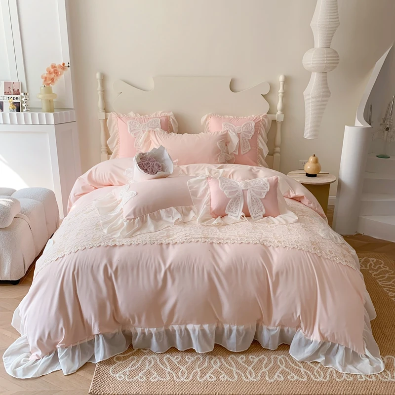 French Romantic Lace Patchwork Ruffles With Bow Decoration Bedding