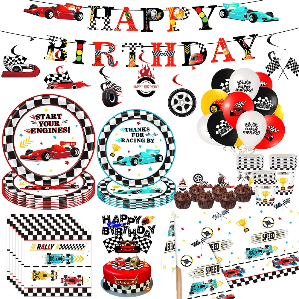 Rennwagen, Party-Dekoration, Geschirr, Pappteller, Servietten, Tassen, Banner, Tischdecke für Kinder, Jungen, Auto, Geburtstag, F1, Party-Dekoration, Gastgeschenke