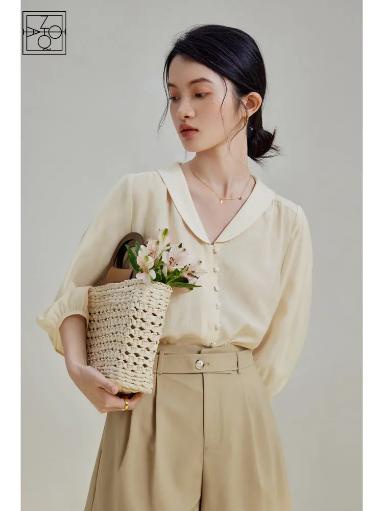 

ZIQIAO Cozy Sense Acetate Polyester French Temperament Shirt for Women Summer New High-quality Mid-sleeved Top Shirt Female