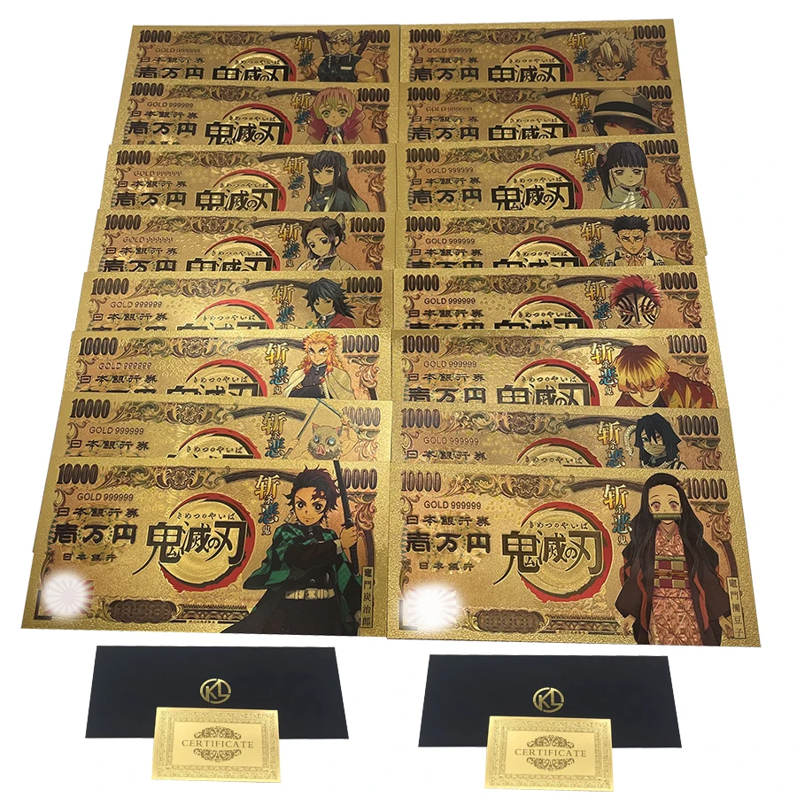 anime banknotes commemorative banknotes collectible card 16 Designs Japanese Anime Demon Slayer Gold Banknotes for Childhood Momery Souvenir Cards Collection
