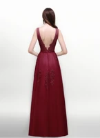Women Burgundy Evening Dress Lace Appliques Tulle V-Neck Sexy Backless Prom Dresses A-Line Floor-Length Sleeveless Party Vestido - Image 6