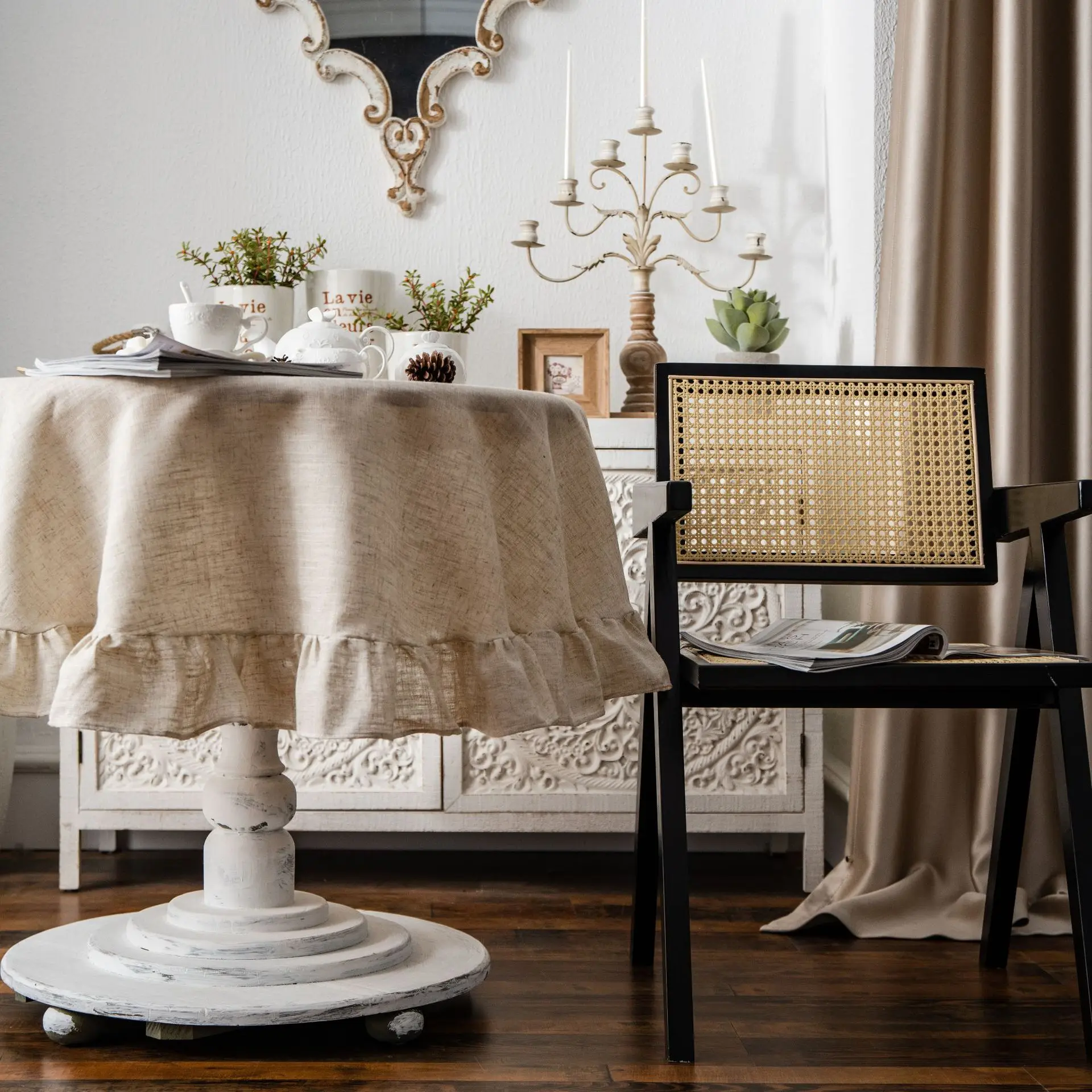Ruffle Round Cotton Tablecloth, Cobertura de mesa lavável para férias, jantar, banquete, cozinha, decoração do casamento, guarnição