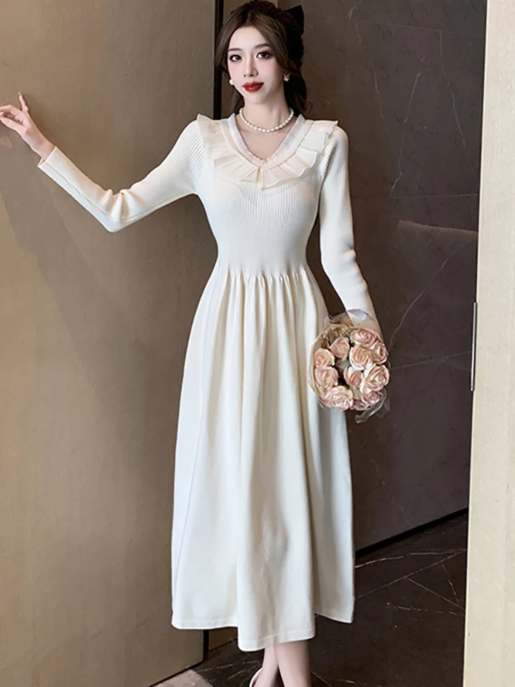 

Женское трикотажное платье составного кроя, Элегантное Длинное белое платье с оборками на воротнике, элегантная одежда в Корейском стиле для выпускного вечера, Осень-зима 2023