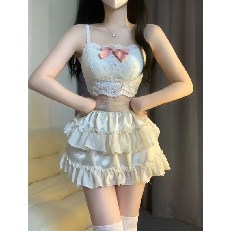 Kawaii Lolita Style 3 Piece Set Woman Cute Clothing Japanese Suit Cardigan Vest Y2k Lace Mini Skirts Female Korean Fashion Suit