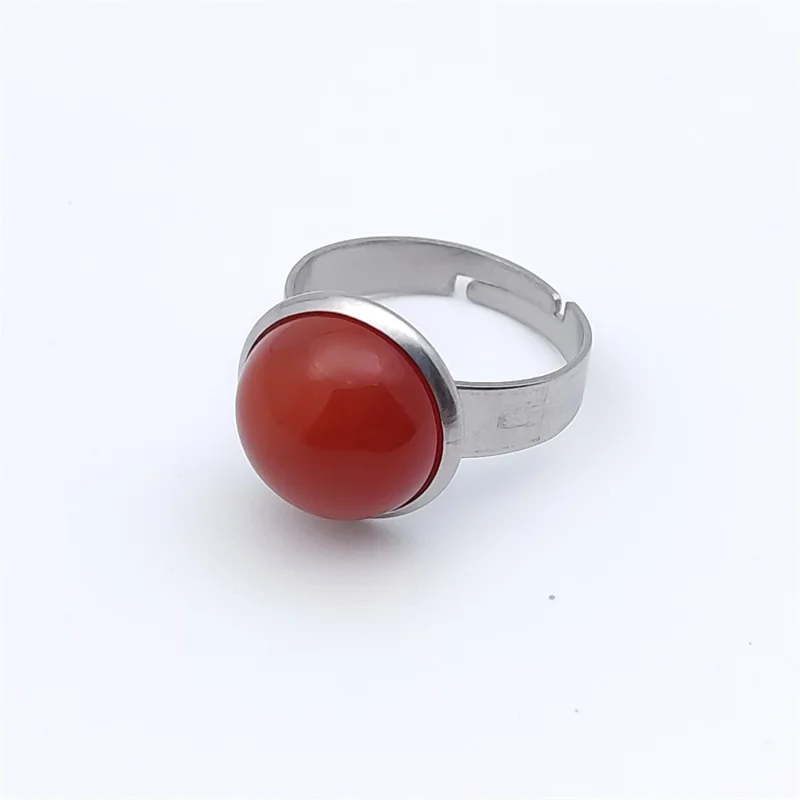 12mm Round Natural Stone Rings Tiger Eye Opal Pink Crystal Adjustable Stainless Steel For Women Pendientes Jewelry