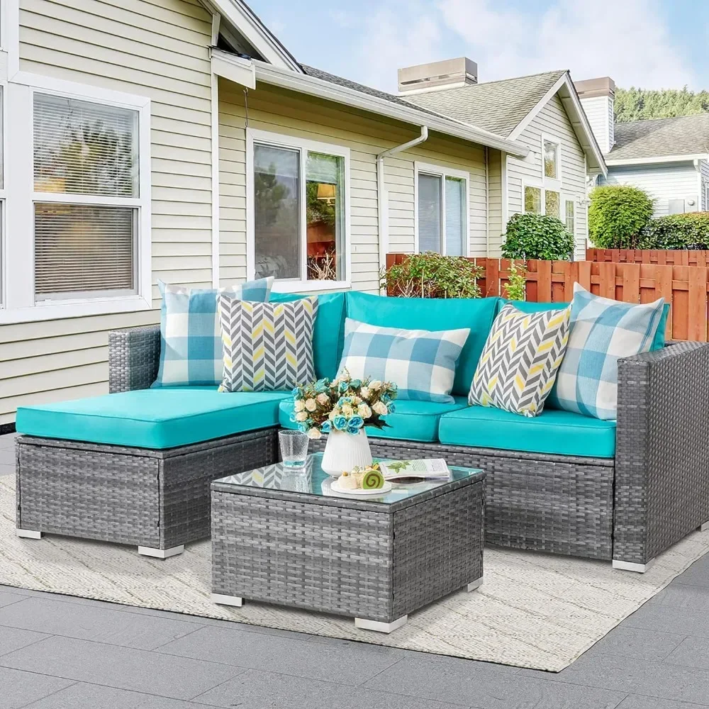 

Outdoor Sectional Sofa 3-piece Set of Patio Furniture Small Patio Sofa With Washable Cushions and Glass Table Air Inflatable
