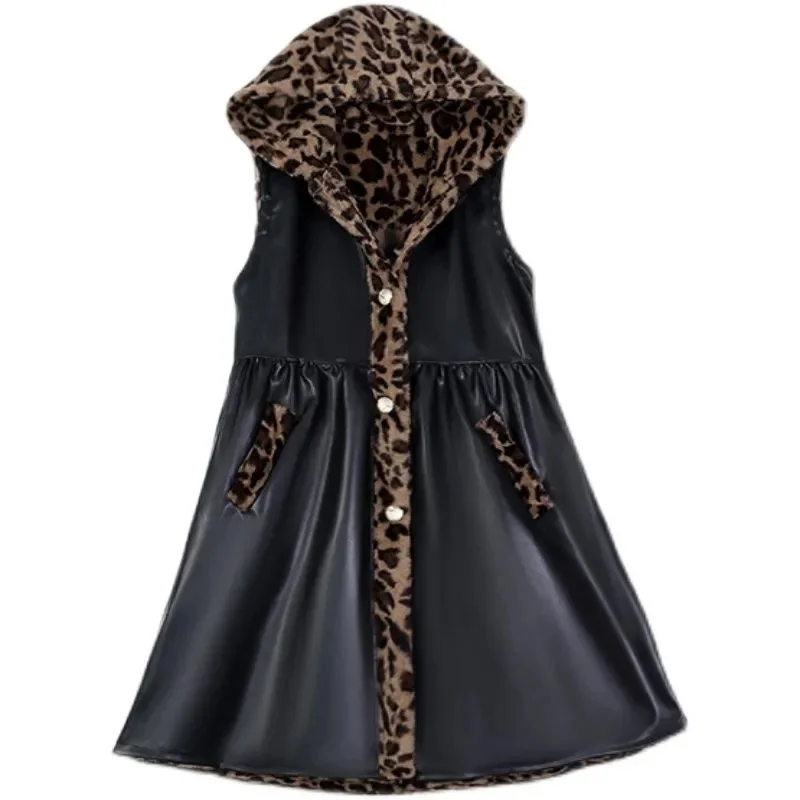 design coelho de pelúcia leopardo colete feminino outono inverno jaqueta de couro feminino meados de comprimento grosso casaco de pele do falso