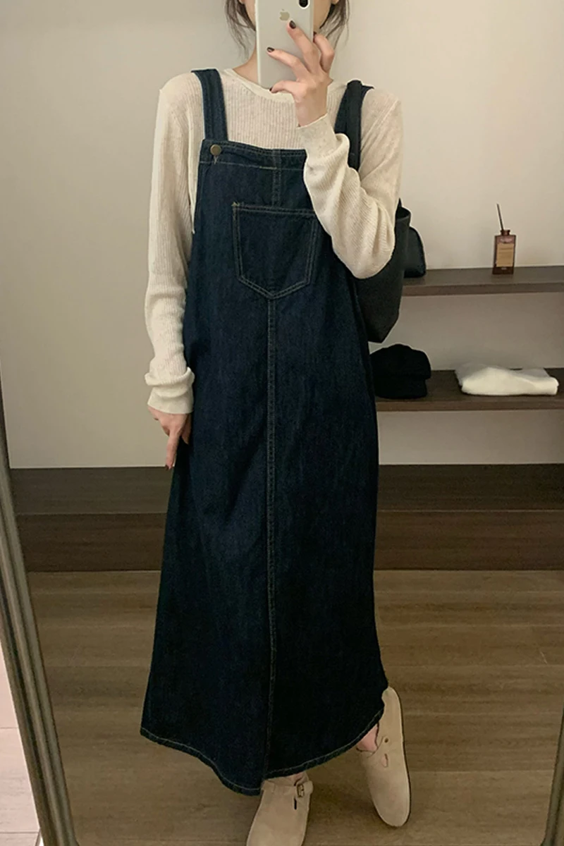 새로운 가을과 겨울 플러스 사이즈 느슨한 긴 치마를 2023 여성 원피스 한국 스타일의 복고풍 연령 감소 데님 버팀대 