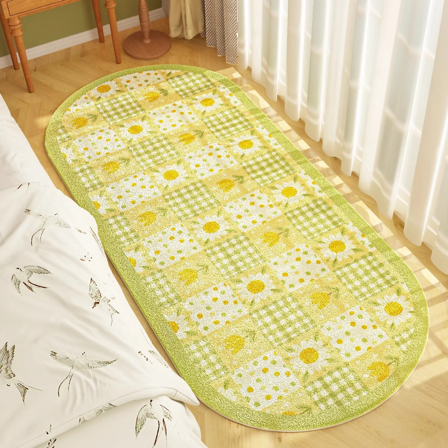 Green Floral Living Room Runner Rug Oval French Pastoral Style Girls Bedroom Plush Carpet Cute Cloakroom Corridor Soft Mat Tapis