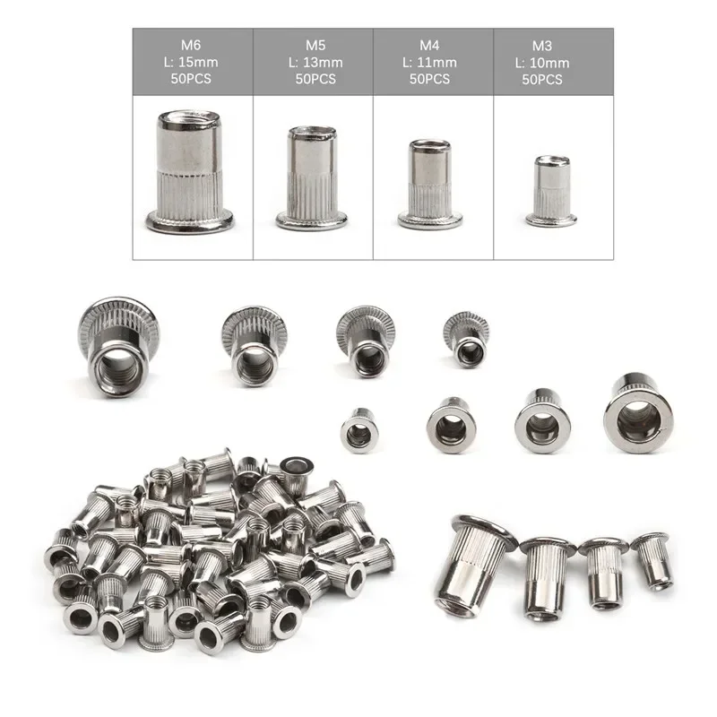 200/50pcs Rivet Nut Stainless Steel / Carbon Flat Head Nuts Set M3 M4 M5 M6 Threaded Insert Rivnut Cap Riveted