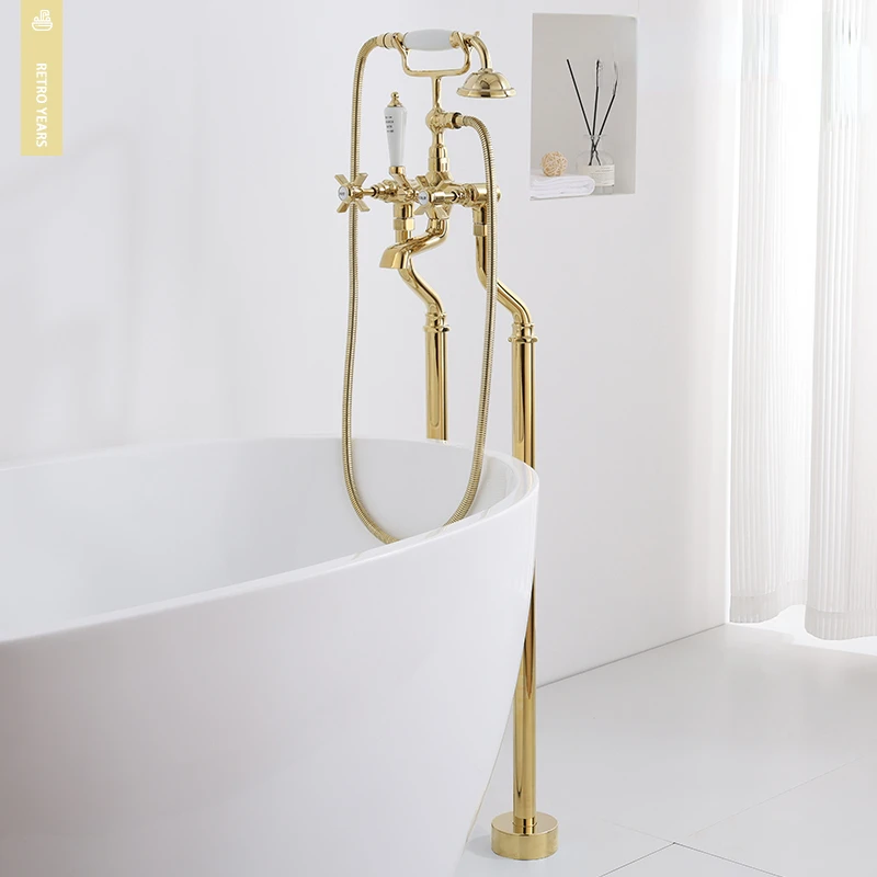 

Copper Gold Floor Bathtub Faucet Single Cylinder Side Vertical Hot and Cold Shower Faucet