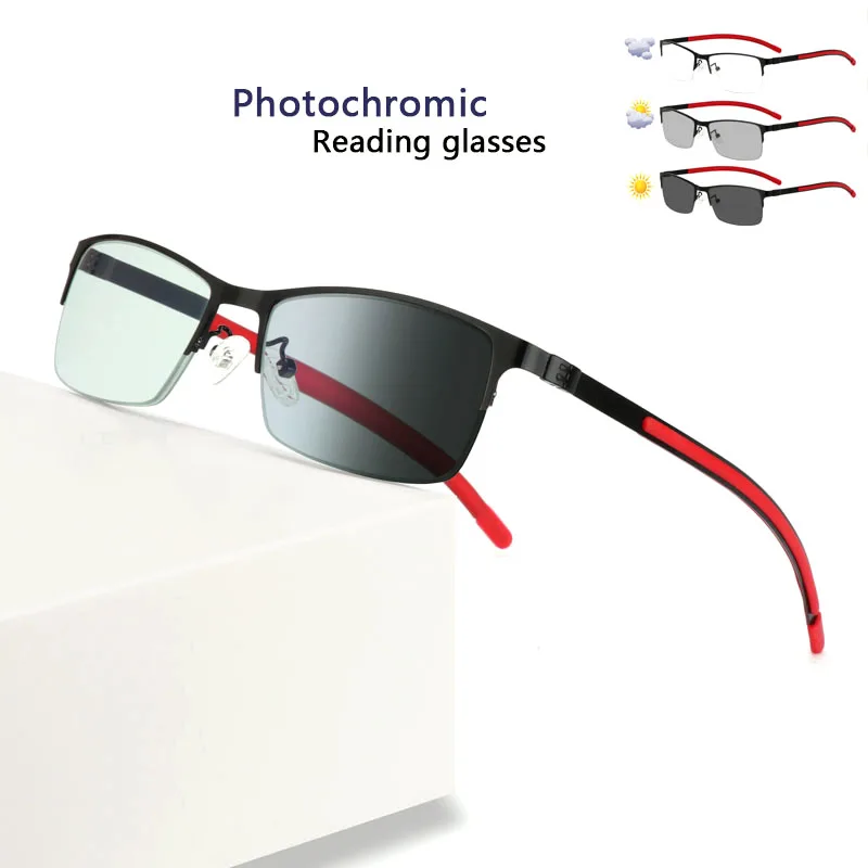 Reading Glasses KJDCHD Titanium alloy Photochromic Men Reading Glasses Chameleon CR-39 Resin Aspheric Glasses Lenses +1.00 +1.50 +2.00 +2.50