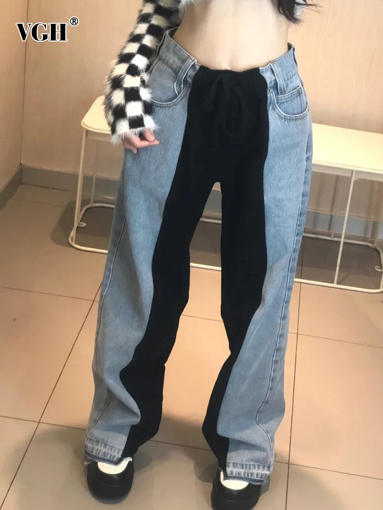 

VGH Colorblock Patchwork Denim Straight Pant For Women High Waist Asymmetrical Hem Loose Wide Leg Jeans Female Fashion Clothes