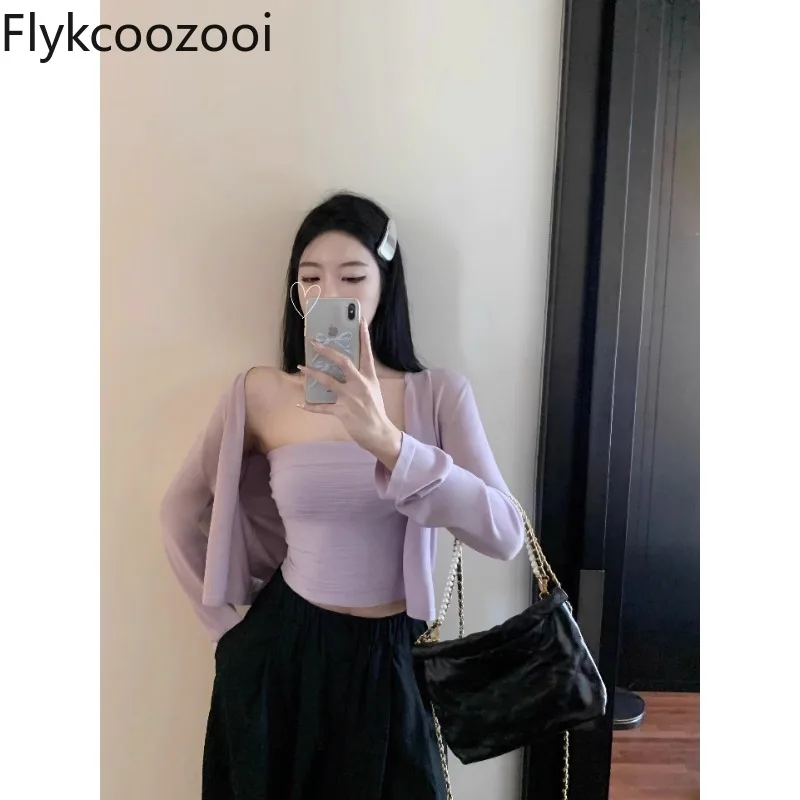 

Flykcoozooi Chic Pure Sexy Women's Cardigan Slim Fit Korean Style Camis Long Sleeve Knitted Cardigans Purple Two Piece Sets Tops