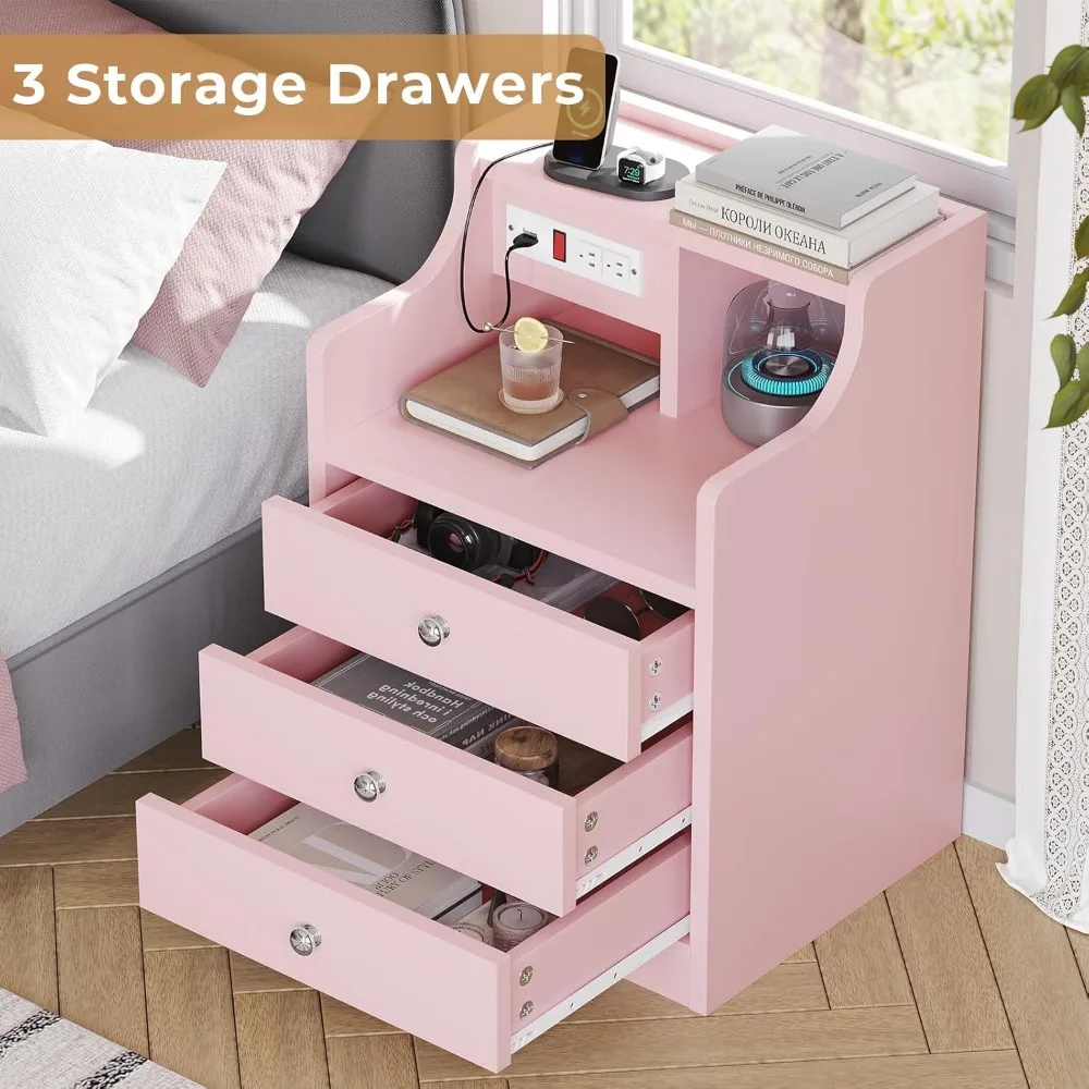 Night Stand Set 2,Pink Nightstand with Charging Station & Hutch,Night Stands for Bedrooms Set of 2,Bedside Table with Drawers 4