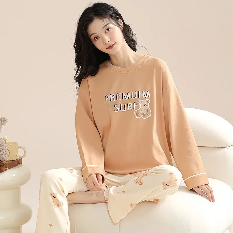Spring Autumn Women's Combed Cotton Pajamas Long Sleeve Pants Home Clothing Set Sweet Cute Cartoon Loose Sleepwear