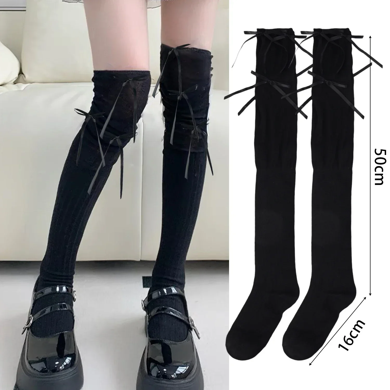 Lolita Lange Socken Frauen Bandage Band Schleife Süße Mädchen Kawaii Nette Über Knie Socken Ballett Stil Einfarbig Schwarz Weiß Socken – Detail 13