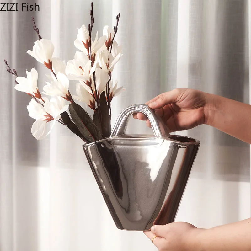 Golden Handbag Shape Ceramic Vase Flowers Pots Desk Decoration Flower Arrangement Creative Floral Vases Room Aesthetic Decor 4