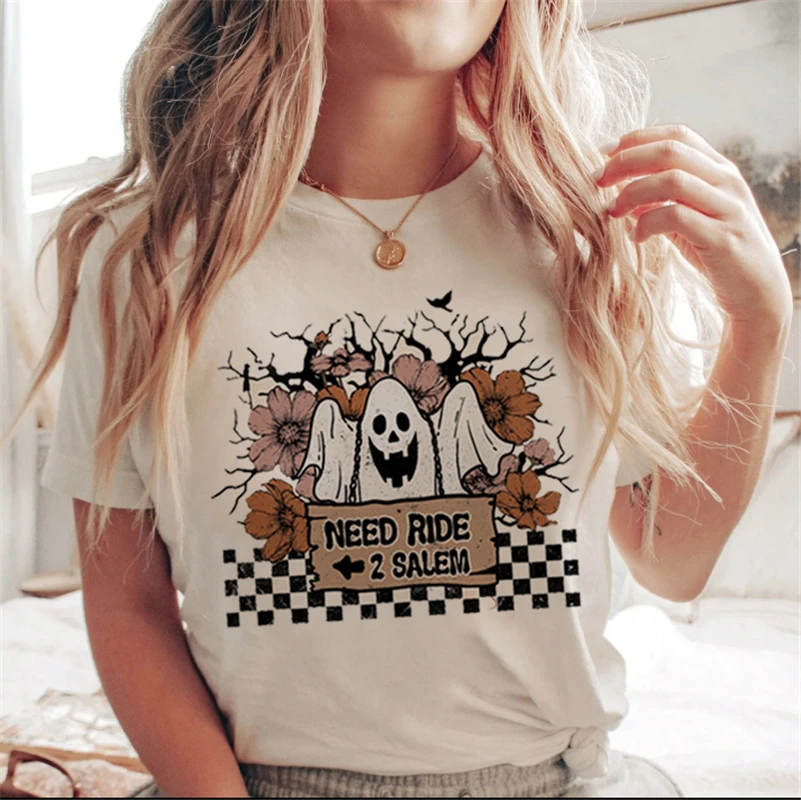 Lettera stampata bianca cartone animato Halloween autunno maglietta casual vestiti tendenza anni '90 donna donna T costume donna stampa grafica925_voghion.com