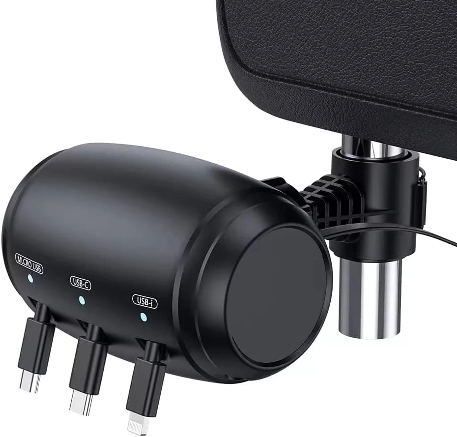 

Car Headrest Style Phone All In 1 Retractable Charging Cable Auto 3 in 1 Micro USB Lightning Type-C Power Car Charging Station