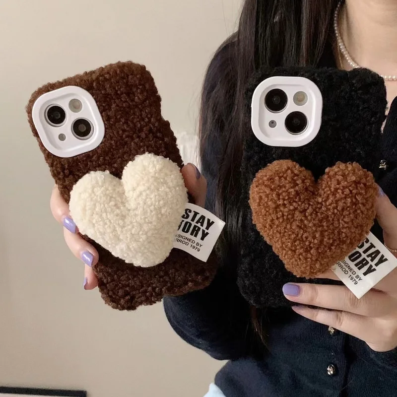 Suitable for iPhone 15/14 promax Autumn/Winter Lamb Hair 3D Love Friend Anti drop New Phone Case