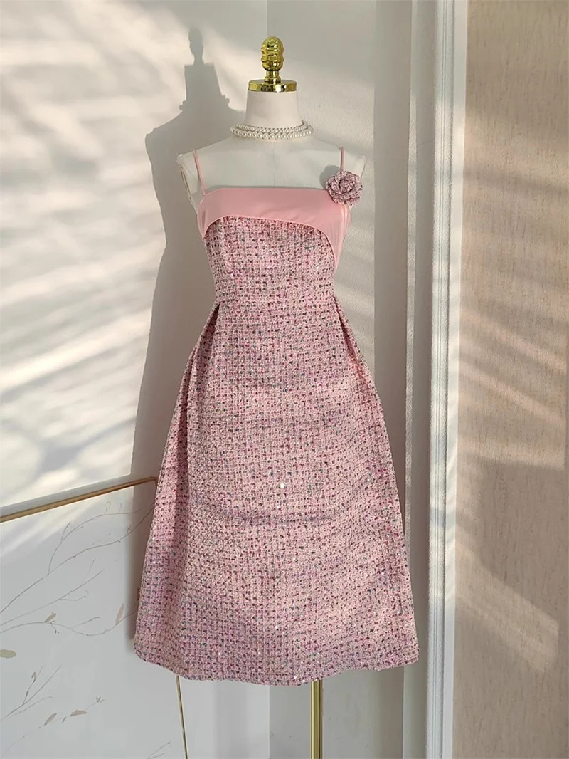 

High Street New Fashion 2024 Women's Spring Summer Sleeveless Appliques Flower Spliced Sequins Folds Tweed Pink Party Dress