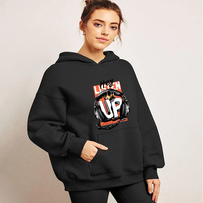YRYT Women's Hoodies Earphone Print Drawstring Vintage Drop Shoulder Sweatshirt Thermal Long Sleeve Pullover Sweatshirt