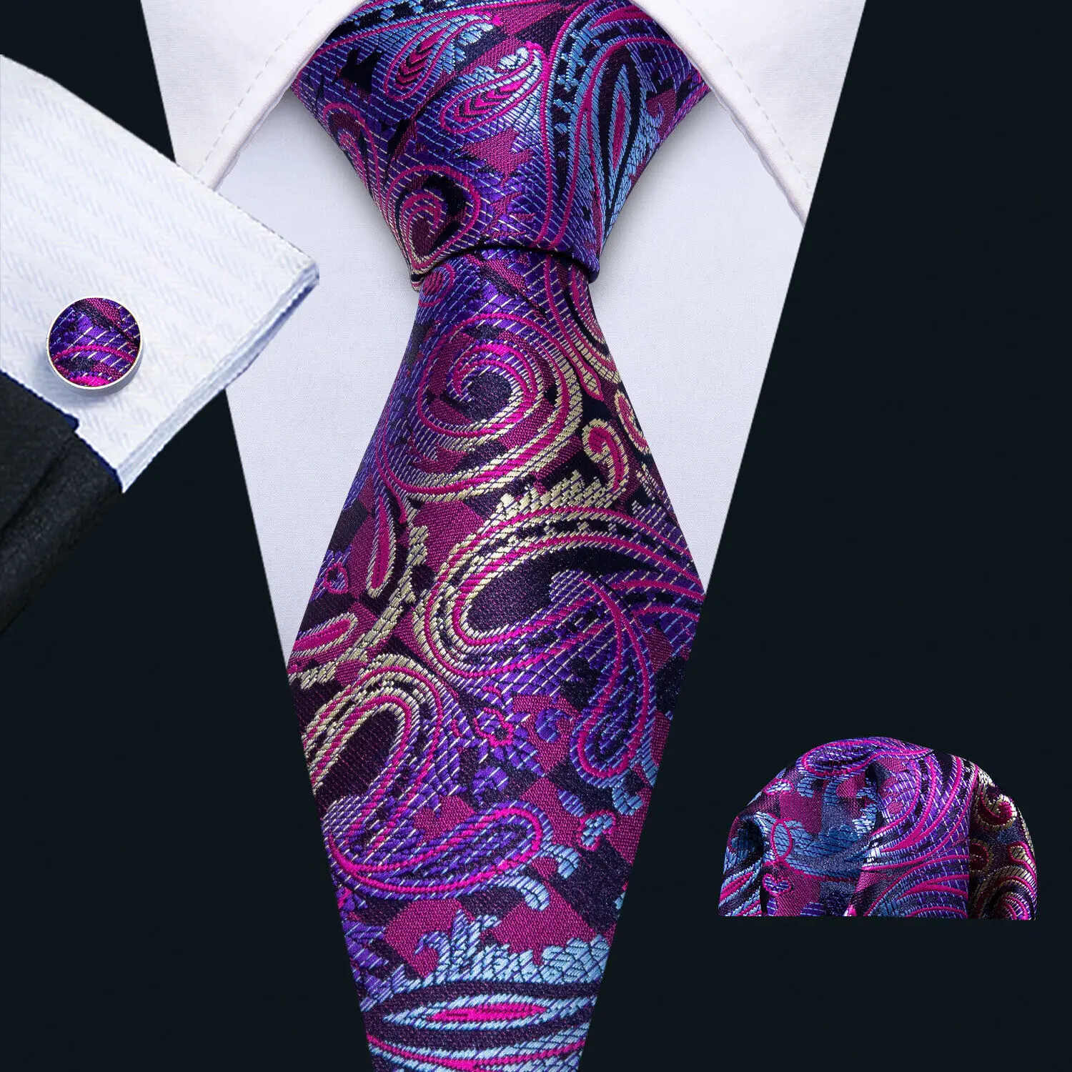 Barry.Wang Jacquard-Krawatte für Herren in Dunkellila mit Einstecktuch, Manschettenknöpfe-Set, exquisite Krawatte für Herren, Hochzeit, Business – Detail 7