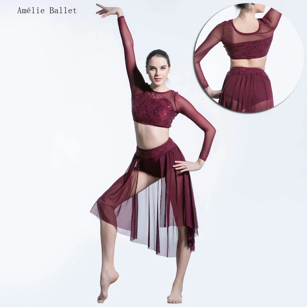 

19600 Burgundy Sequin Lace Mesh Sleeves Top with Mesh Skirts Dancewear Ballet Costumes Lyrical & Contemporay Ballet Wear