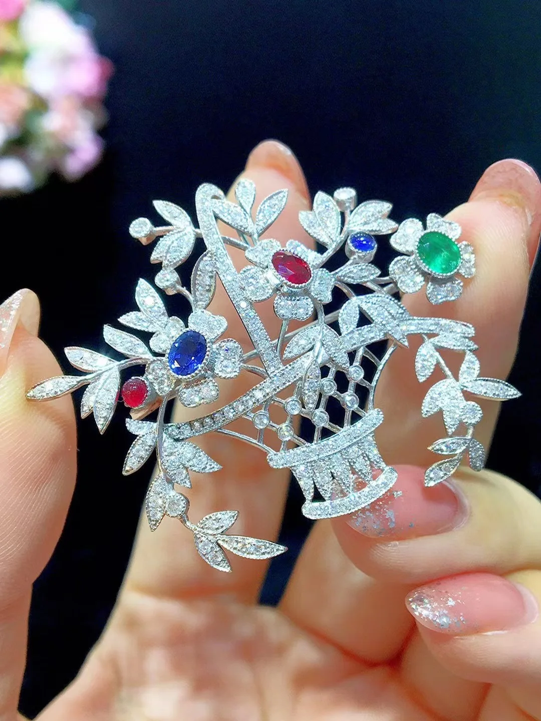 genuine jewelry 18K white gold with diamond flower basket brooch & pendant double use ruby emerald sapphire fine women jewelry 12 Sbbca5a140ddb4686ae733996395b0976W genuine jewelry 18K white gold with diamond flower basket brooch & pendant double use ruby emerald sapphire fine women jewelry