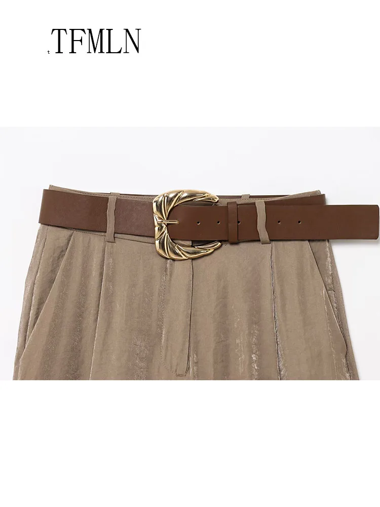 TFMLN Fashion Women Solid Wide Leg Pant With Belt 2025 Summer Chic Causal Zipper Full Trousers Simple Female High Street Pants