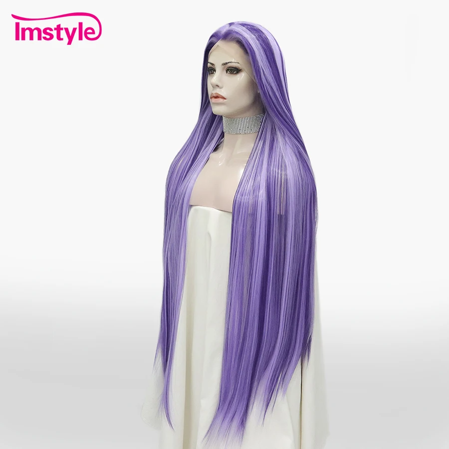 Imstyle 44'' Synthetic Lace Front Wig Super Long Wigs For Women Purple Highlight Wig Straight Cosplay Heat Resistant Fiber